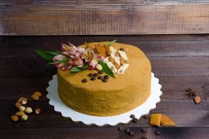 delicious gentle honey cake with flowers and nuts